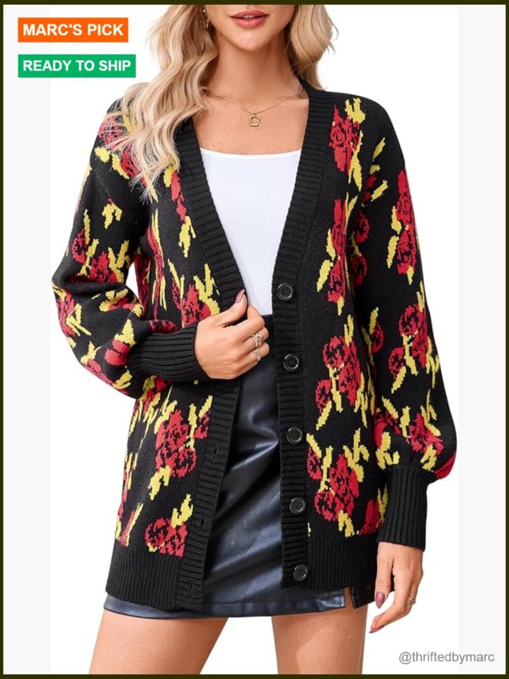 Floral Knit Cardigan Open Front Button Down Long Sleeve Lightweight Sweater